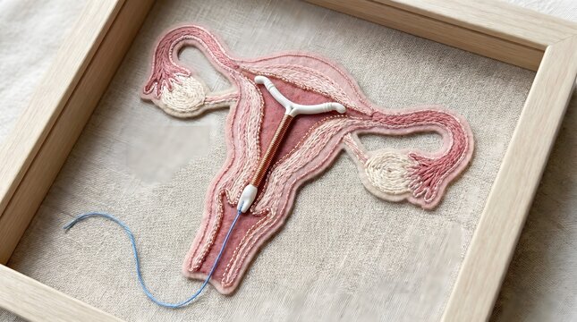 Uterus embroidery represents a medical concept for women's reproductive health featuring an intrauterine device placed inside a wooden picture frame.