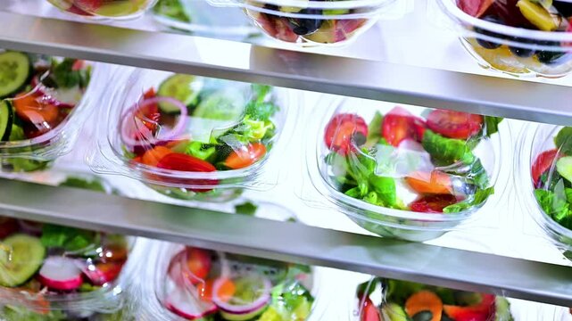 Plastic boxes with pre-packaged fruit and vegetable salads, put up for sale in a commercial refrigerator