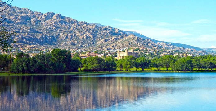 Manzanares El Real Castle, Lake and Rocky Mountains Landscape