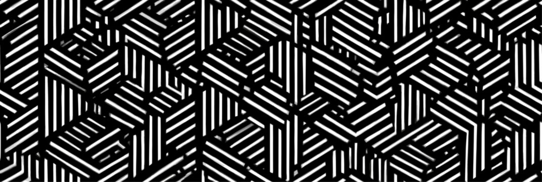 Abstract stripped pattern creating intricate three dimensional geometric shapes and optical illusion. Isometric black and white striped geometric pattern creating abstract maze