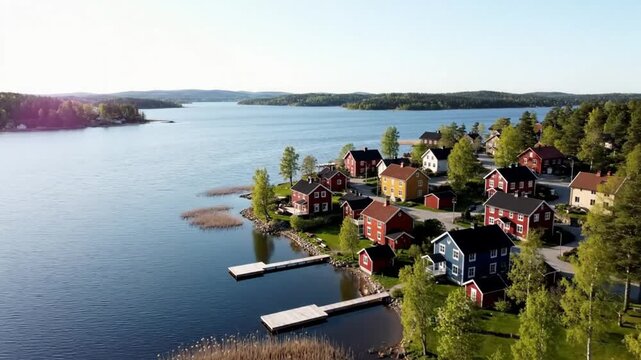 Scenic aerial view of colorful lakeside houses along the calm water of a tranquil lake on a sunny day