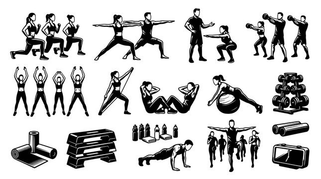 Black and White Vector Icons of People Exercising and Fitness Equipment