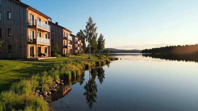 Scenic aerial view of serene wooden waterfront apartments with balconies overlooking tranquil lake at sunrise