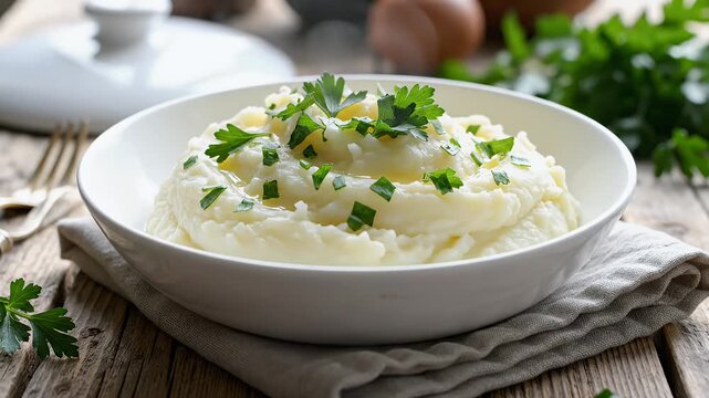 Creamy Mashed Potatoes Topped with Herbs and Sauce.
