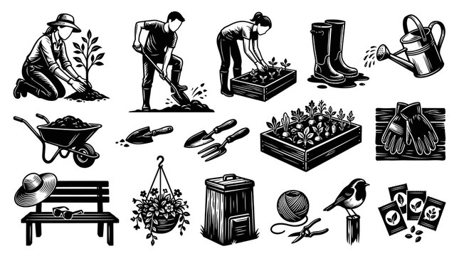 Vintage Woodcut Style Gardening Icons Set. Black and White Engraved Horticulture Tools and Activities Collection.