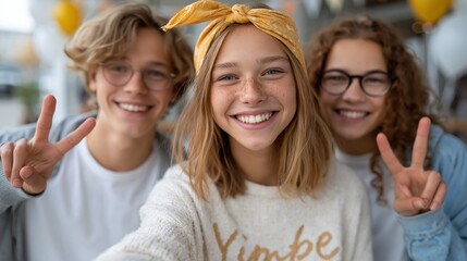 Fototapeta premium Three cheerful friends share a joyful moment as they take a selfie, capturing the essence of friendship and laughter in a vibrant, lively environment.