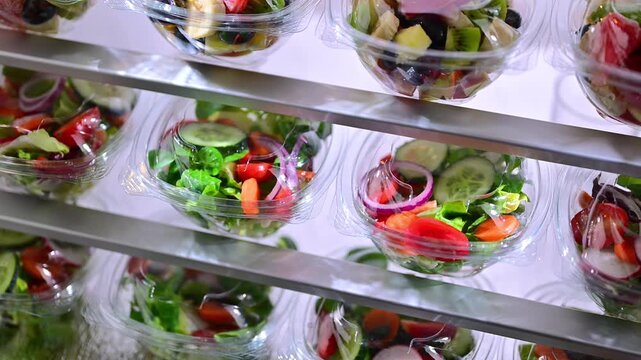 Plastic boxes with pre-packaged fruit and vegetable salads, put up for sale in a commercial refrigerator