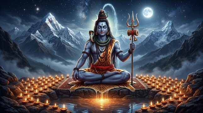 Lord Shiva Meditation with Diwali Lights, Mountains, and Moon A Celebration of Navratri, Vijayadashami DussehraMaha Shivaratri, Arudra Darshan, Pradosh Vrat Sawan Somvar Bhairava Ashtami Lingodbhava S