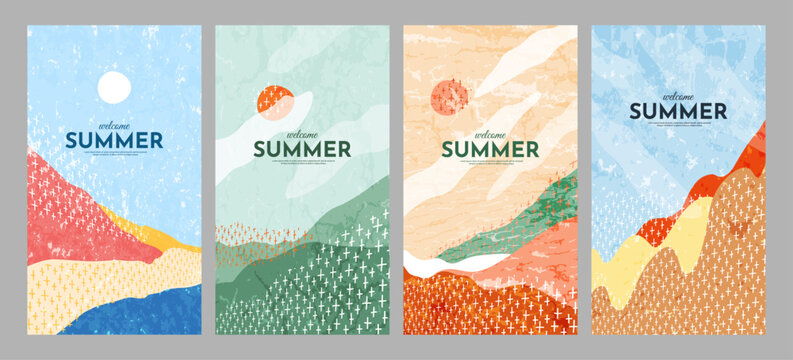 Vector illustration. Modern minimalist landscape set. Abstract mountain and sun with hand drawn pattern. Spring and summer motif. Design elements for layouts, flyers, leaflets, vouchers