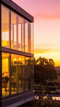 Modern home with glass walls reflects warm sunset light. Two-story structure
