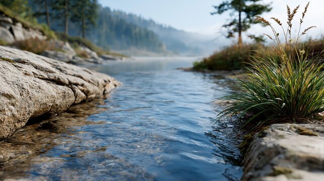 A serene river landscape exuding peace, framed by natural rocks and vibrant greenery, inviting viewers to immerse themselves in the tranquility of nature&rsquo;s beauty and calmness.