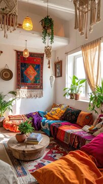 A sun-drenched, colorful bohemian living space filled with textiles, plants and textured d?cor