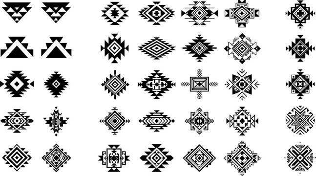 Black Tribal Geometric Ornament Vector Set with Ethnic Folk Motifs, Aztec Rhombus Patterns and Baltic Cross Stitch Elements for Textile, Tattoo and Decorative Design