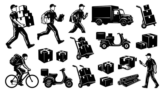 Delivery Service Icons: Movers, Trucks, Scooters, Boxes, Bicycles - BW Line Art