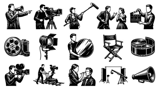 Cinematography and Film Production Crew, Tools, and Icons - Vintage Engraving Style Black and White
