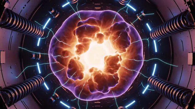 Superheated plasma energy glowing amber in dark chamber, science concept