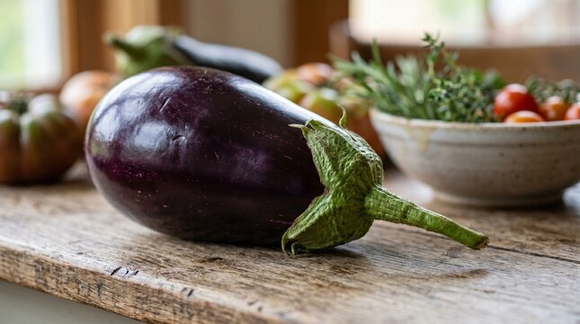 Fresh Organic Purple Eggplant With Green Stem on Rustic Wooden Table in Farmhouse Kitchen