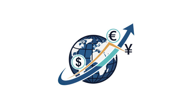 Global Finance Growth: Globe, Currency Symbols, Upward Arrow, Financial Chart