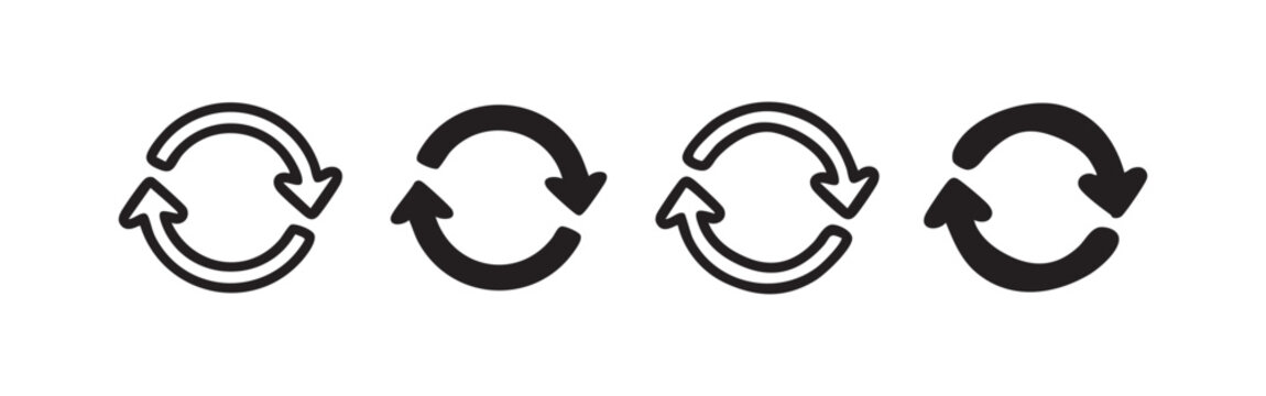 Refresh or reload arrow icon set in various styles, vector illustration