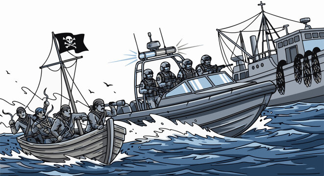 Naval forces intercept pirates on a boat under a skull flag