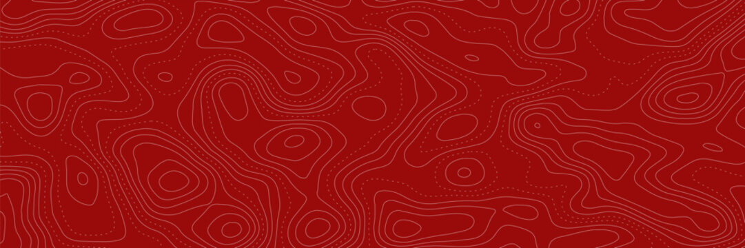 Latar belakang peta topografi merah abstrak dengan garis kontur putih. Desain pola geografis yang modern dan minimalis untuk latar belakang desain grafis, presentasi, dan media cetak.