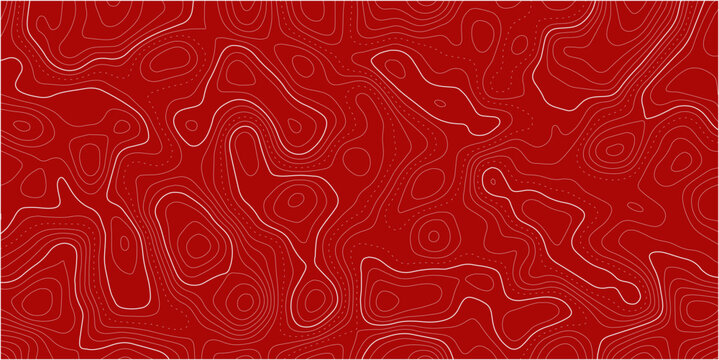 Latar belakang peta topografi merah abstrak dengan garis kontur putih. Desain pola geografis yang modern dan minimalis untuk latar belakang desain grafis, presentasi, dan media cetak.