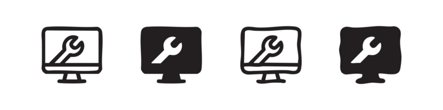 Set of Hand Drawn Computer Monitor with Wrench Icons, Technical Support and IT Service Symbols
