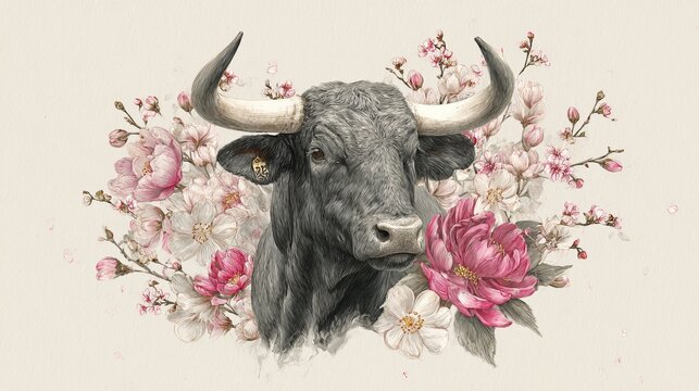 Bull zodiac symbol and blooms sit on a white canvas.