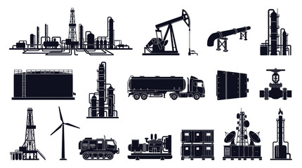 Obraz premium Industrial Oil Gas and Energy Production Equipment Vector Silhouettes - Heavy Industry Infrastructure Icons