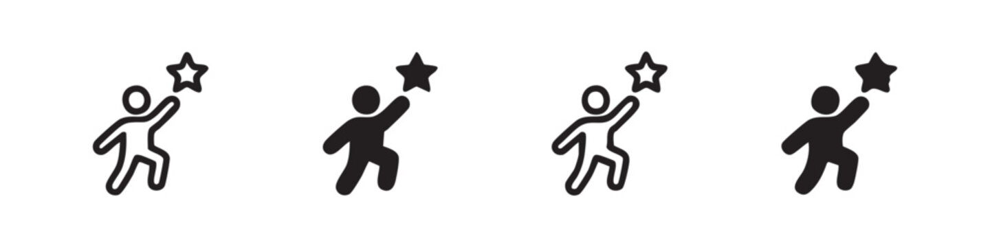 Success and Goal Achievement Icons Set, Person Reaching for a Star Symbols