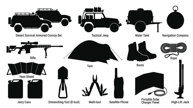 Outdoor Survival and Tactical Gear Silhouette Vector Set: Adventure, Camping, and Off-road Equipment and Tools