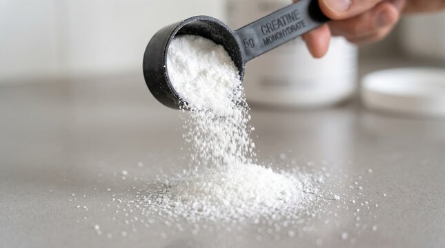 Hand holding measuring scoop pouring white creatine monohydrate powder onto surface with supplement container in background and copy space