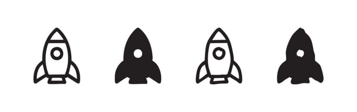 Rocket launch icon set in four styles including hand-drawn and solid for startup and success concepts.