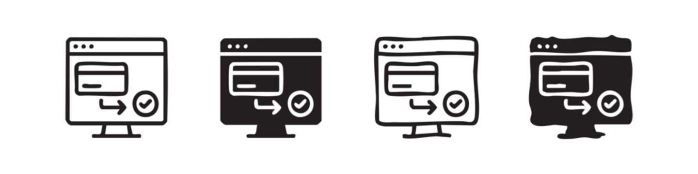 Set of icons representing online payment, credit card, transaction, and confirmation.