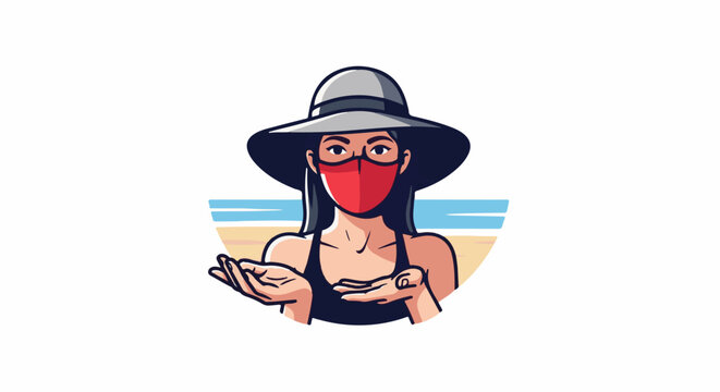 Woman with red mask and hat on beach