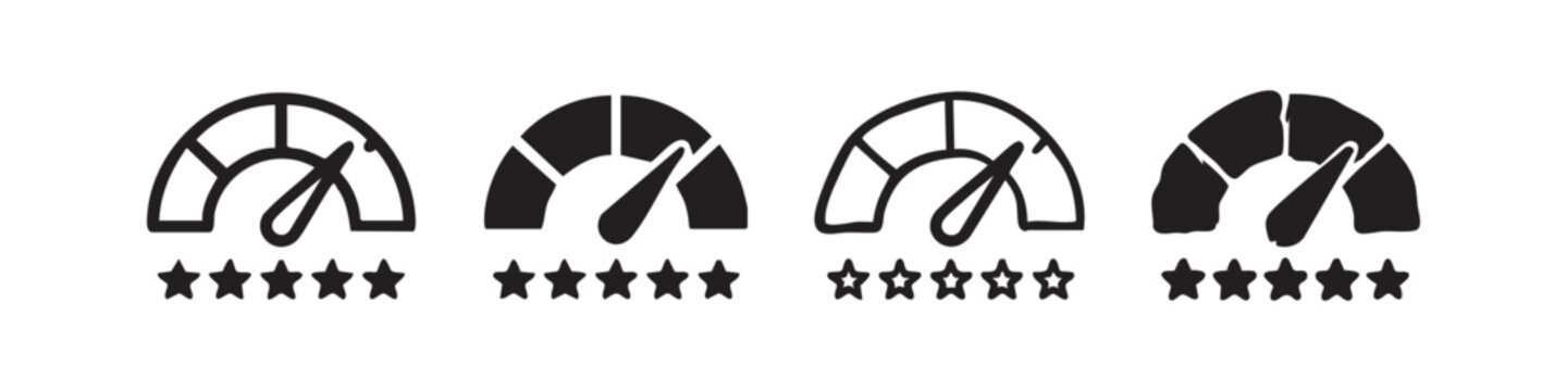 Set of rating gauge icons with stars representing review and satisfaction.