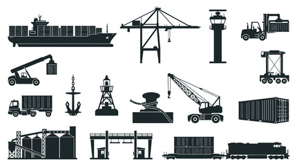 Obraz premium Shipping and Logistics Icons: Container Ship, Crane, Forklift, Truck, Train, Dock