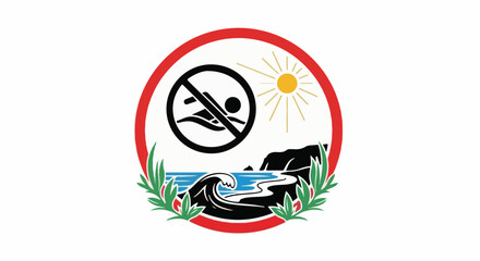Fototapeta premium Circular emblem depicts forbidden swimming, sunny coast, waves, and greenery