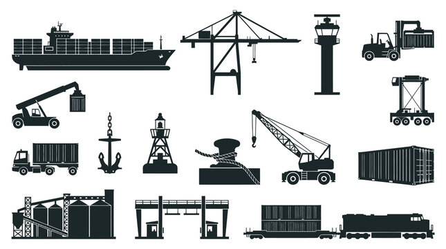 Shipping and Logistics Icons: Container Ship, Crane, Forklift, Truck, Train, Dock