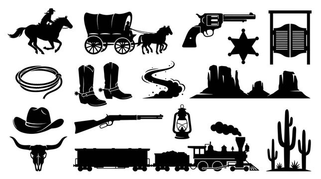 Wild West Cowboy Silhouette Icons: Horse, Wagon, Gun, Boots, Hat, Train