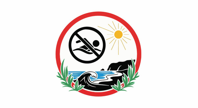 Circular emblem depicts forbidden swimming, sunny coast, waves, and greenery