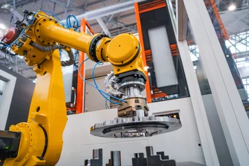 Industrial robotic arm holding metal gear component in automated factory cell. © Andrei Armiagov