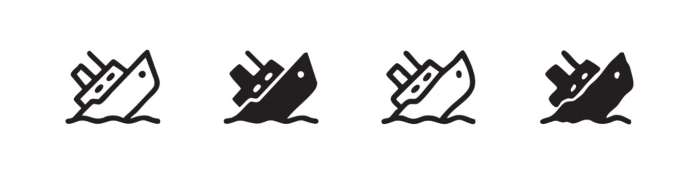 Sinking Ship and Maritime Accident Icon Set, Boat Disaster and Shipwreck Symbols, Emergency Sea Transport Signs