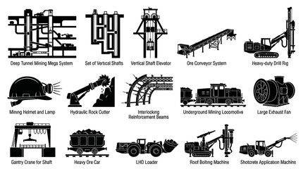 Obraz premium Mining Equipment Icons: Black White Vector Set for Industry