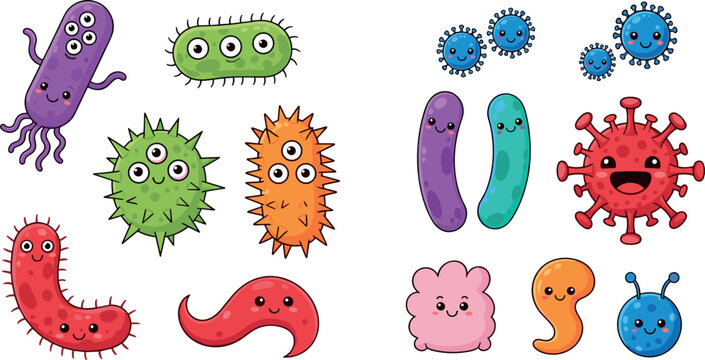 Cute Cartoon Bacteria and Virus Character Vector Set with Funny Microbe Shapes, Colorful Germs and Smiling Pathogen Illustrations for Kids, Biology and Health Education