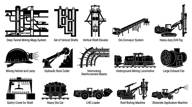 Mining Equipment Icons: Black  White Vector Set for Industry