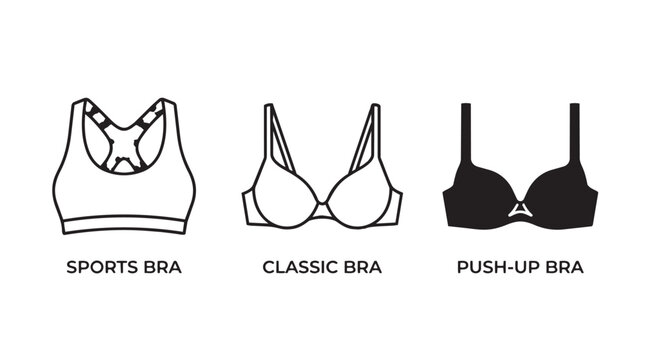 Various types of bras outline icons set including sports classic push-up bras