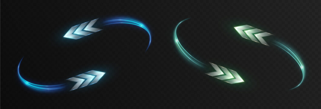 Abstract blue and green glowing 3d arrows with dynamic curved light trails isolated on transparent background