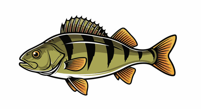 A stylized illustration of a green fish with black stripes and orange fins