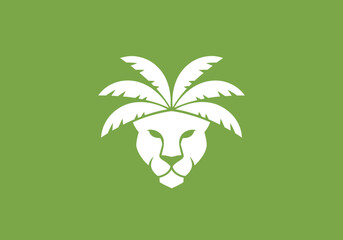 Minimalist lion head logo with palm leaf mane on green © alpen